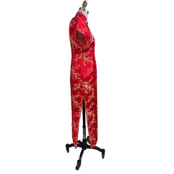 90s Vtg Cheongsam Dress Yue He Shi Lu Red/Gold Brocade Dress WIggle Gown Sz S - Picture 2 of 6